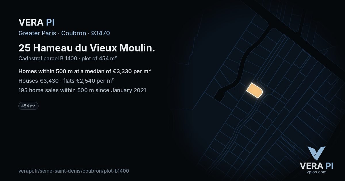 25 Hameau du Vieux Moulin, Coubron at night – the plot lit, the parcels around coloured by the prices near them
