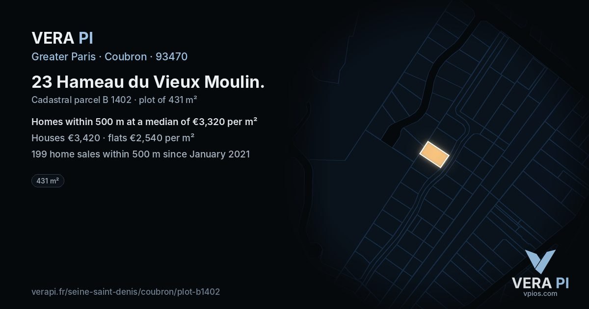 23 Hameau du Vieux Moulin, Coubron at night – the plot lit, the parcels around coloured by the prices near them