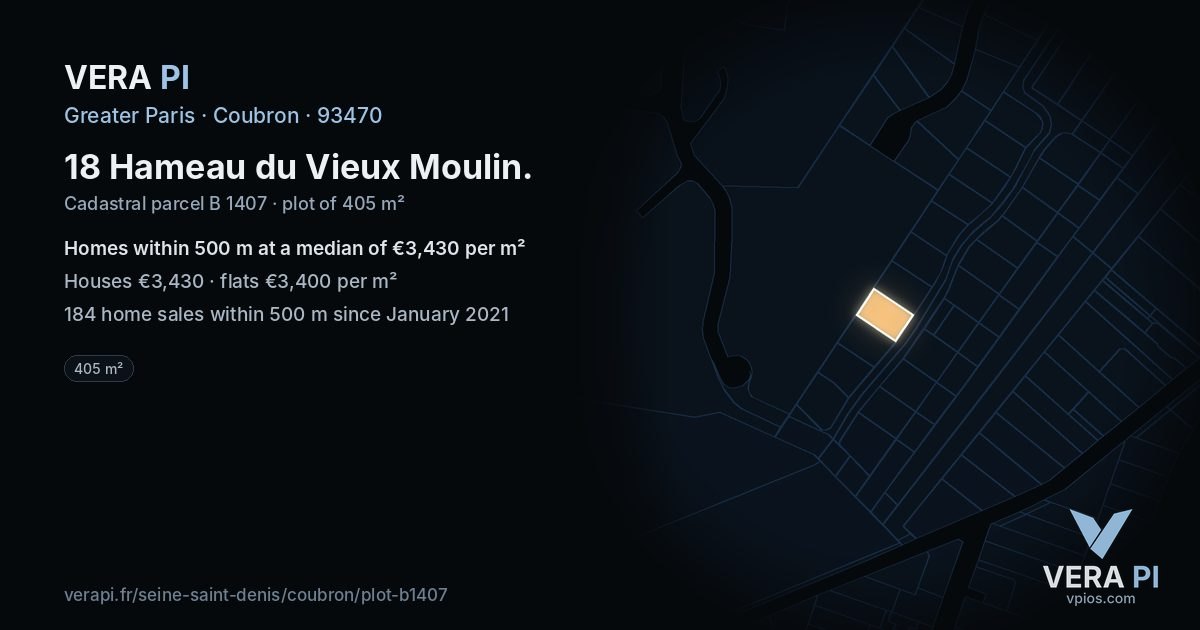 18 Hameau du Vieux Moulin, Coubron at night – the plot lit, the parcels around coloured by the prices near them