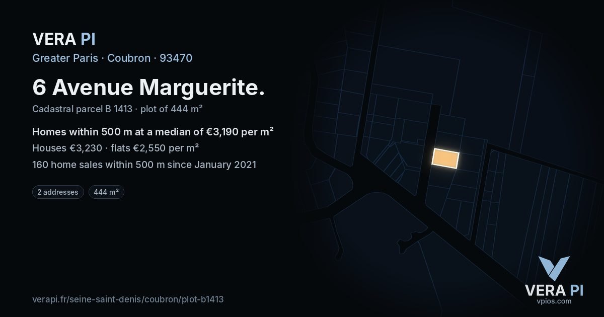 6 Avenue Marguerite, Coubron at night – the plot lit, the parcels around coloured by the prices near them