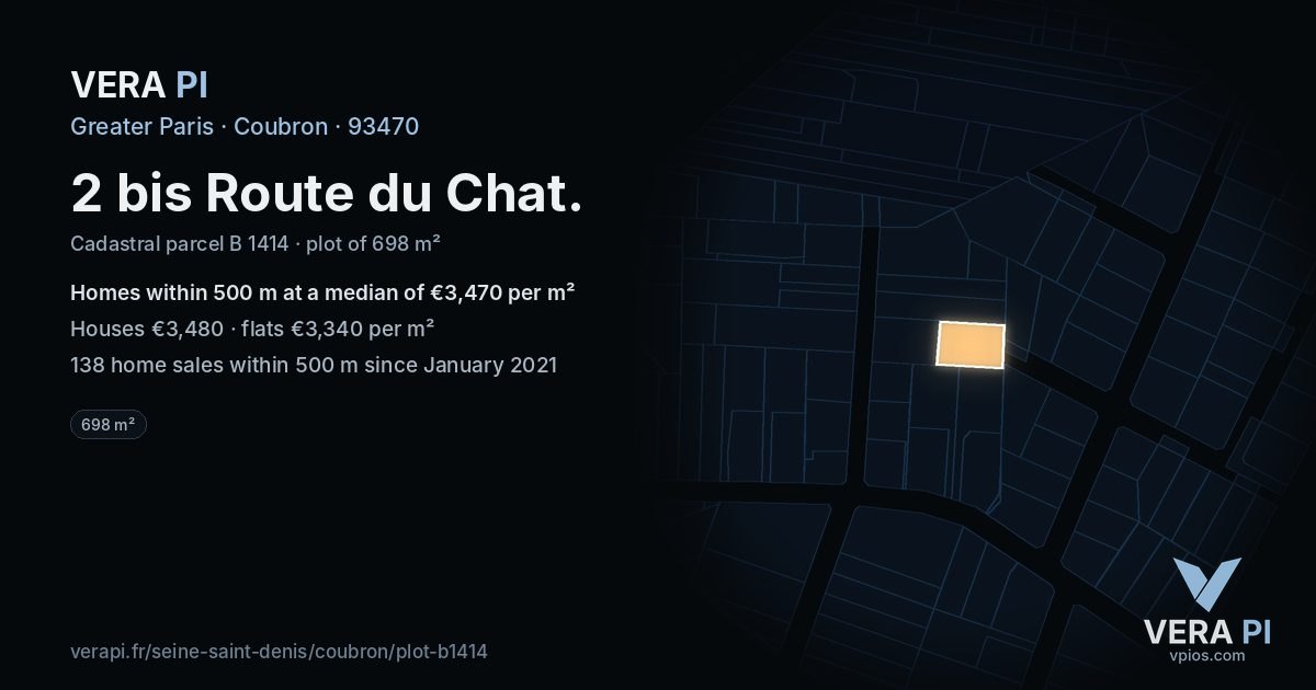2 bis Route du Chat, Coubron at night – the plot lit, the parcels around coloured by the prices near them