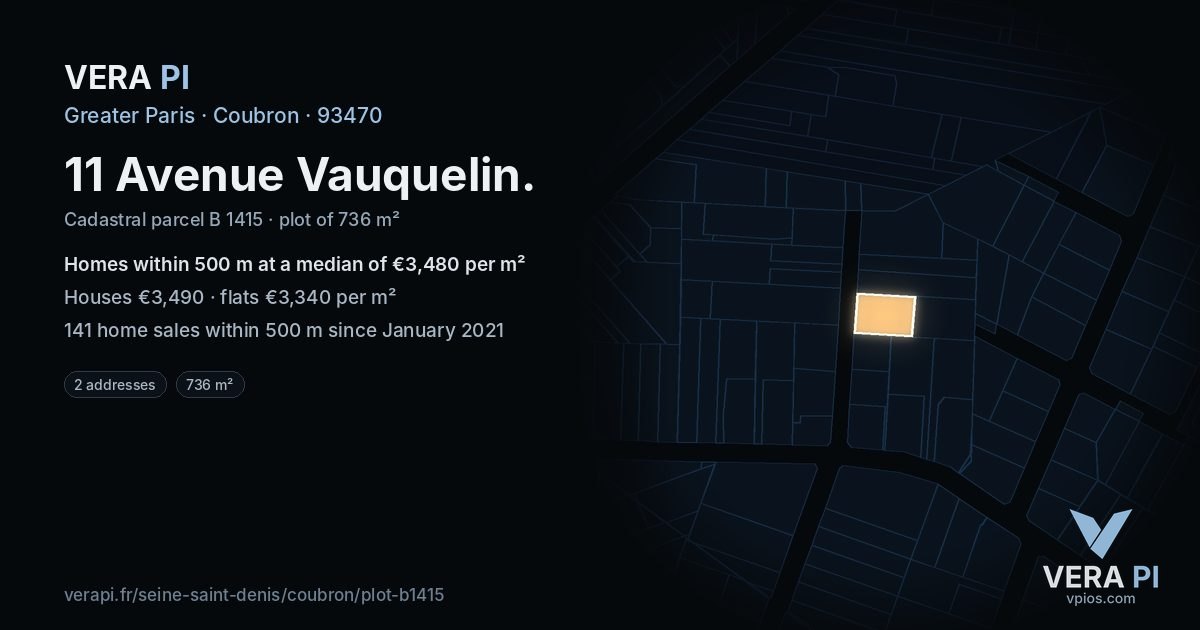 11 Avenue Vauquelin, Coubron at night – the plot lit, the parcels around coloured by the prices near them