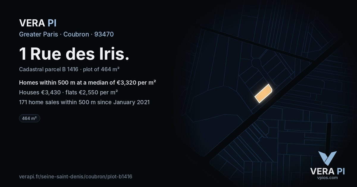 1 Rue des Iris, Coubron at night – the plot lit, the parcels around coloured by the prices near them