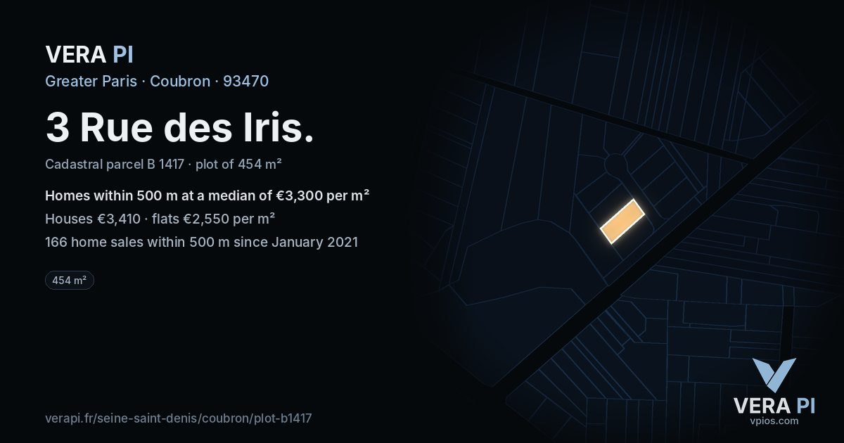 3 Rue des Iris, Coubron at night – the plot lit, the parcels around coloured by the prices near them