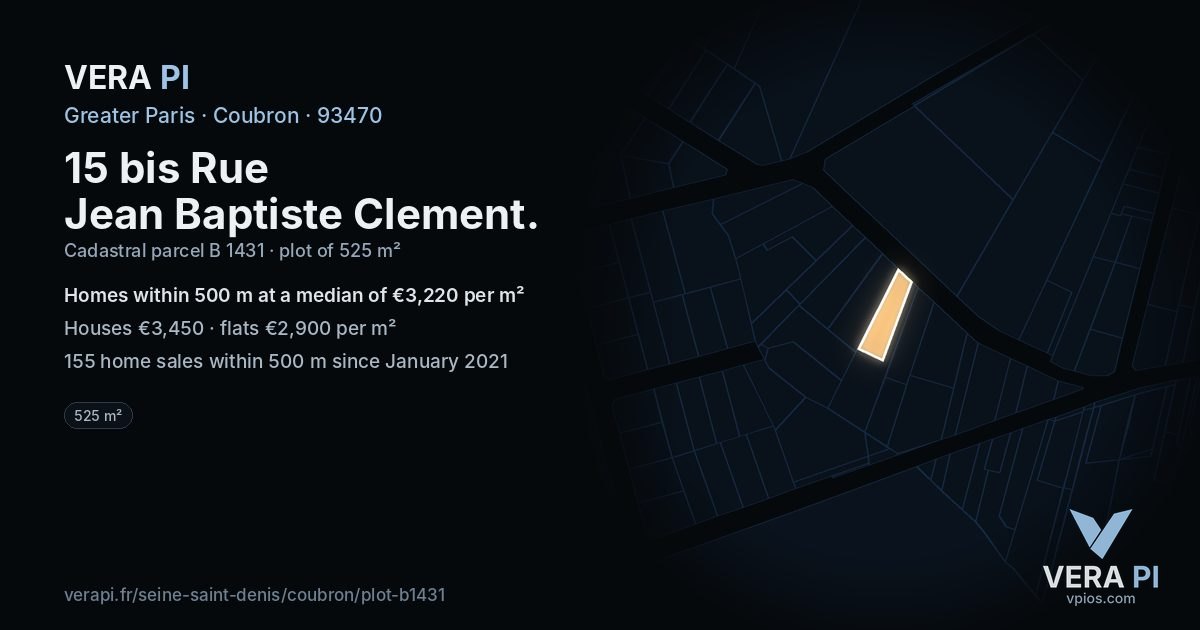 15 bis Rue Jean Baptiste Clement, Coubron at night – the plot lit, the parcels around coloured by the prices near them