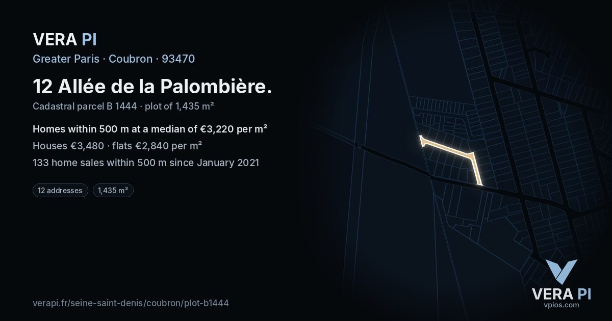12 Allée de la Palombière, Coubron at night – the plot lit, the parcels around coloured by the prices near them