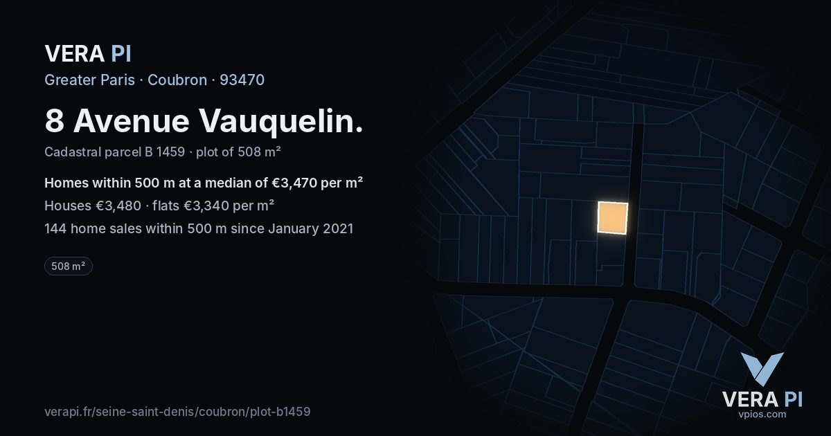 8 Avenue Vauquelin, Coubron at night – the plot lit, the parcels around coloured by the prices near them