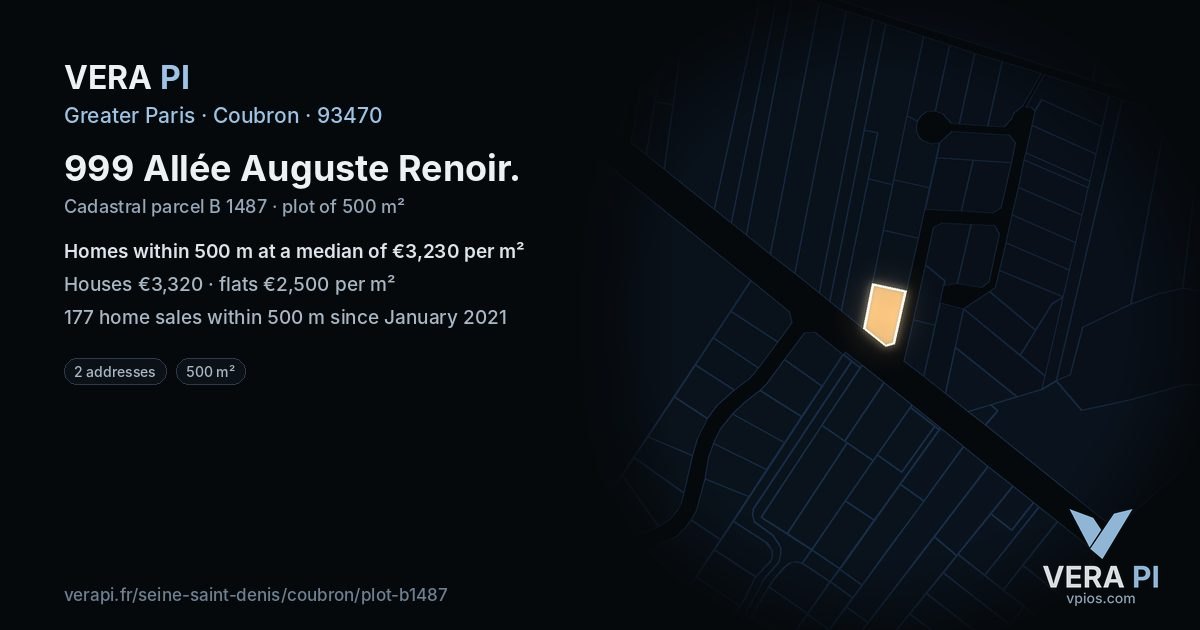 999 Allée Auguste Renoir, Coubron at night – the plot lit, the parcels around coloured by the prices near them