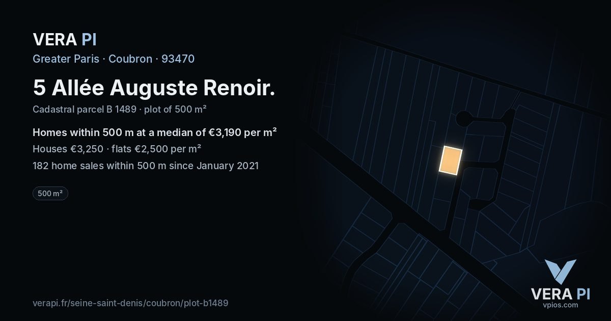 5 Allée Auguste Renoir, Coubron at night – the plot lit, the parcels around coloured by the prices near them