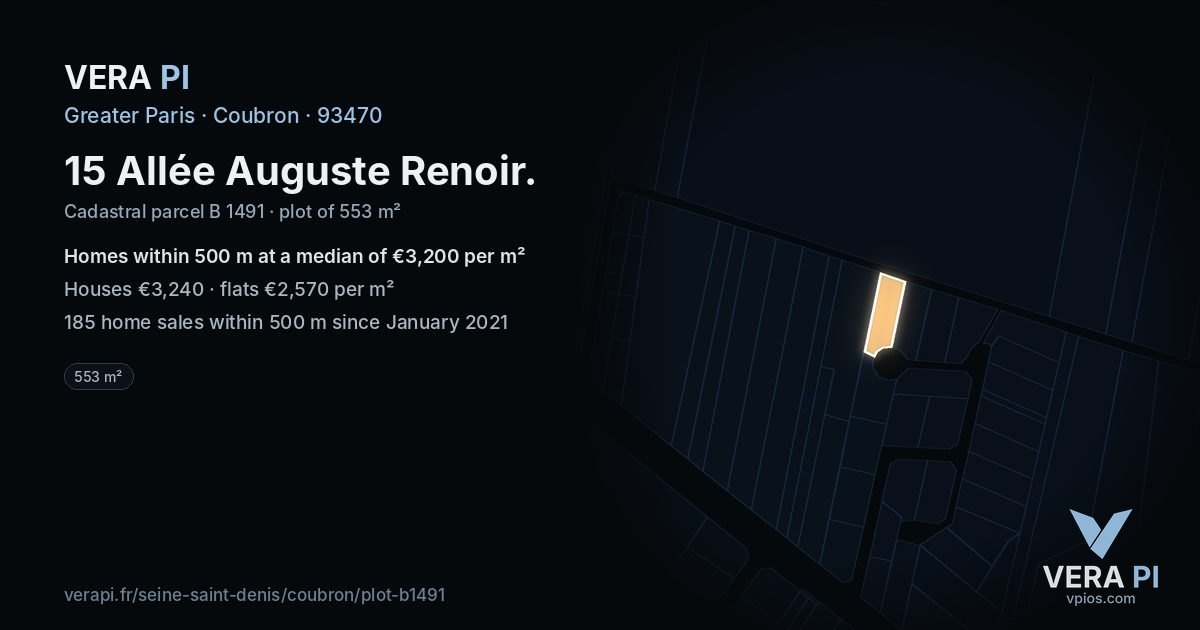 15 Allée Auguste Renoir, Coubron at night – the plot lit, the parcels around coloured by the prices near them