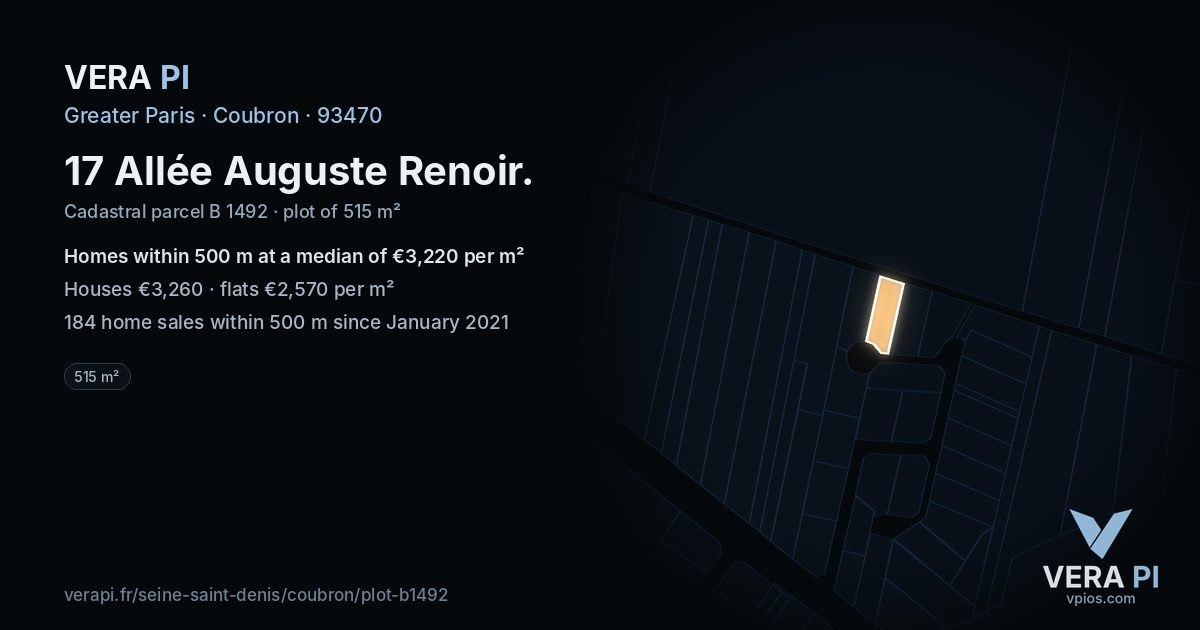 17 Allée Auguste Renoir, Coubron at night – the plot lit, the parcels around coloured by the prices near them