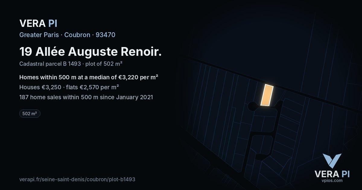 19 Allée Auguste Renoir, Coubron at night – the plot lit, the parcels around coloured by the prices near them