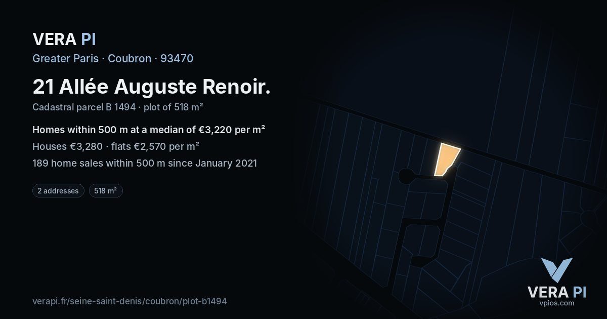 21 Allée Auguste Renoir, Coubron at night – the plot lit, the parcels around coloured by the prices near them