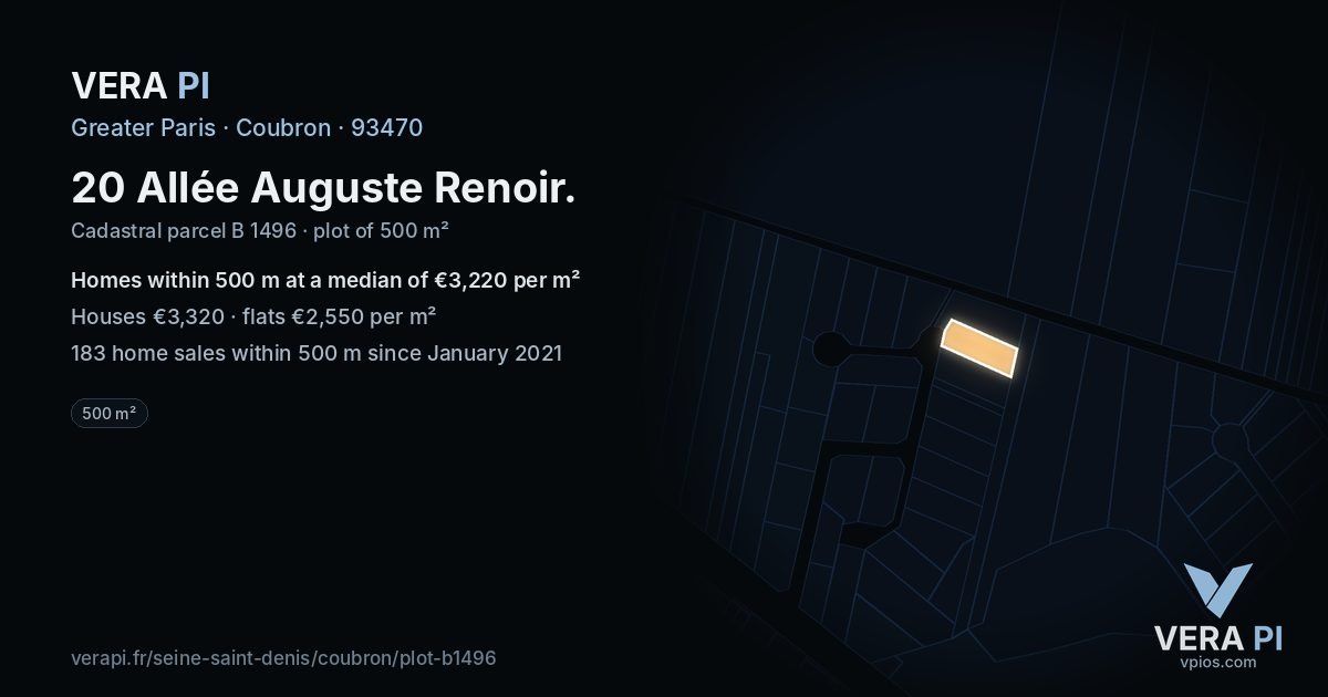 20 Allée Auguste Renoir, Coubron at night – the plot lit, the parcels around coloured by the prices near them