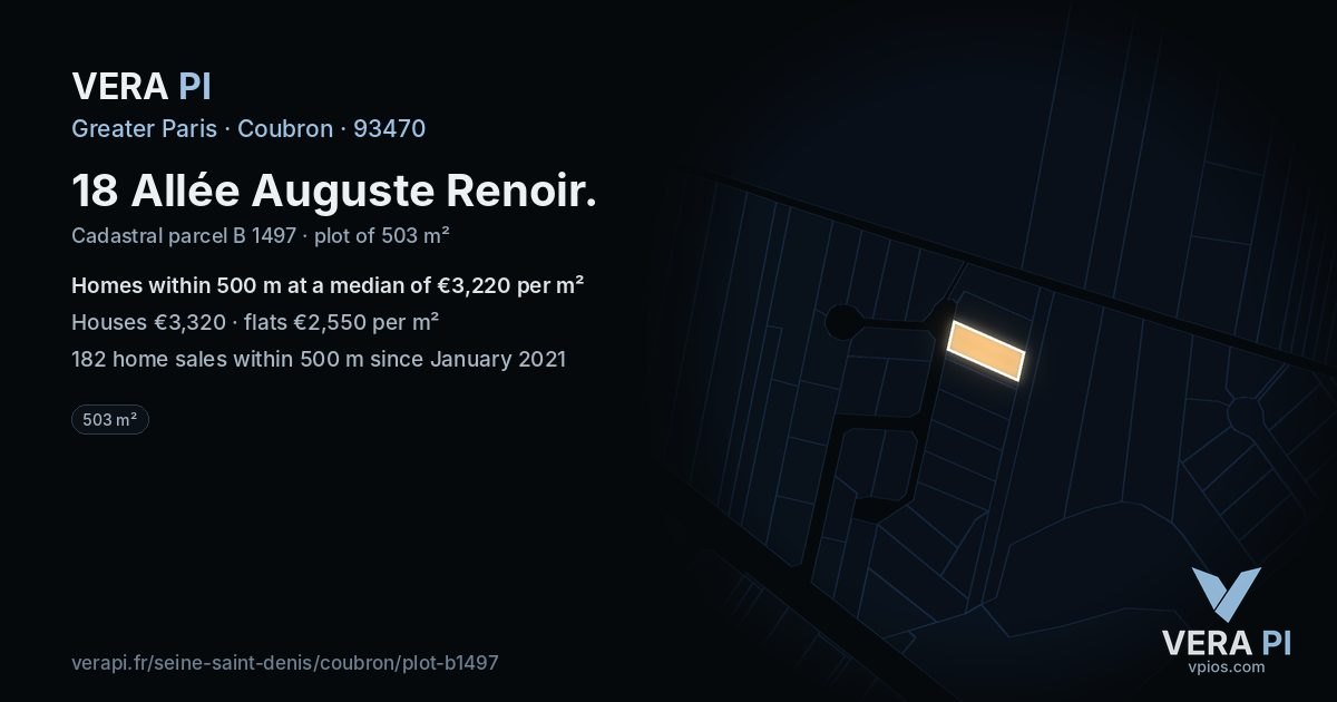 18 Allée Auguste Renoir, Coubron at night – the plot lit, the parcels around coloured by the prices near them