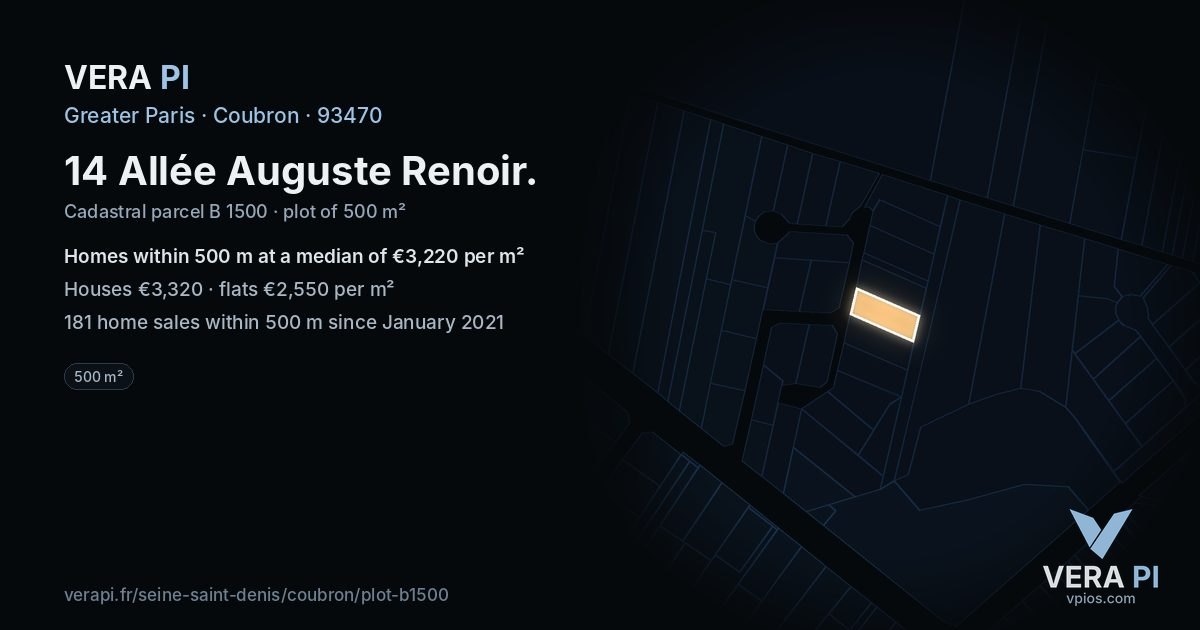 14 Allée Auguste Renoir, Coubron at night – the plot lit, the parcels around coloured by the prices near them