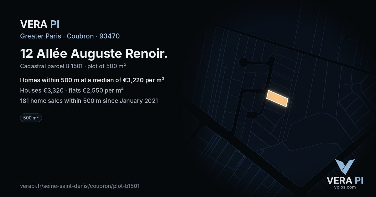 12 Allée Auguste Renoir, Coubron at night – the plot lit, the parcels around coloured by the prices near them