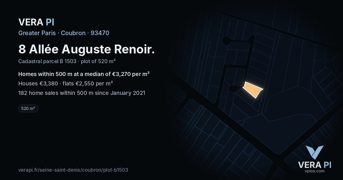 8 Allée Auguste Renoir, Coubron at night – the plot lit, the parcels around coloured by the prices near them