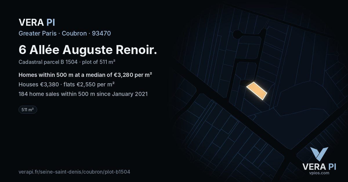 6 Allée Auguste Renoir, Coubron at night – the plot lit, the parcels around coloured by the prices near them