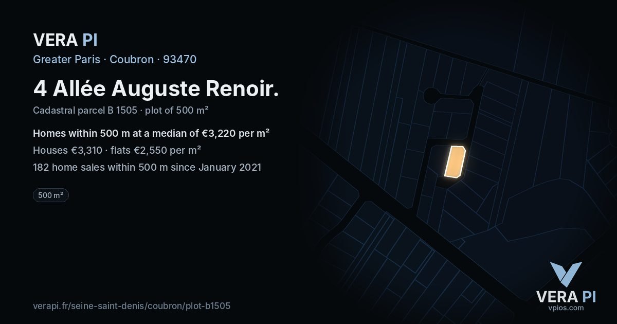 4 Allée Auguste Renoir, Coubron at night – the plot lit, the parcels around coloured by the prices near them