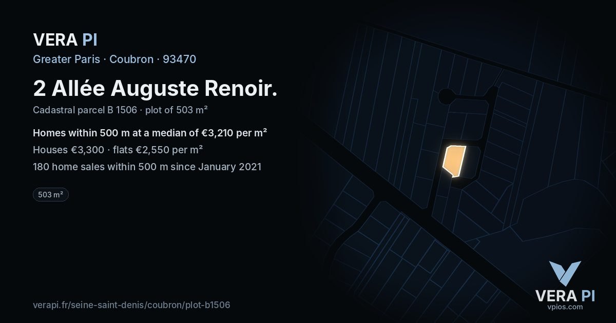2 Allée Auguste Renoir, Coubron at night – the plot lit, the parcels around coloured by the prices near them