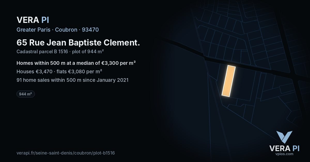 65 Rue Jean Baptiste Clement, Coubron at night – the plot lit, the parcels around coloured by the prices near them