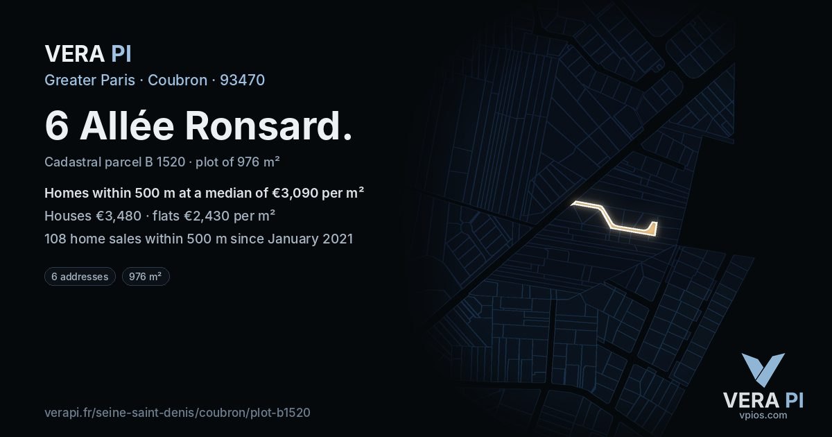 6 Allée Ronsard, Coubron at night – the plot lit, the parcels around coloured by the prices near them