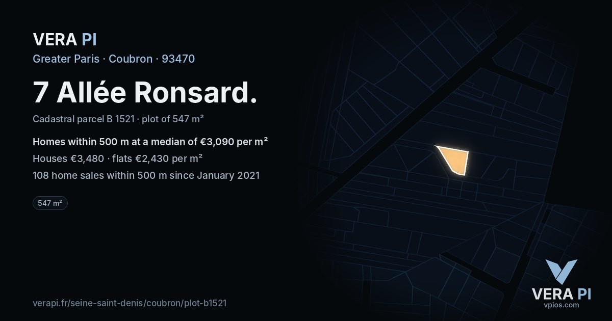 7 Allée Ronsard, Coubron at night – the plot lit, the parcels around coloured by the prices near them