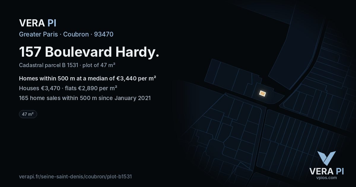 157 Boulevard Hardy, Coubron at night – the plot lit, the parcels around coloured by the prices near them