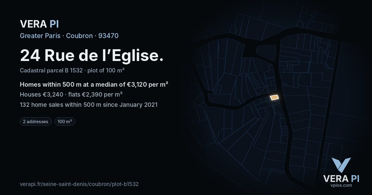 24 Rue de l’Eglise, Coubron at night – the plot lit, the parcels around coloured by the prices near them