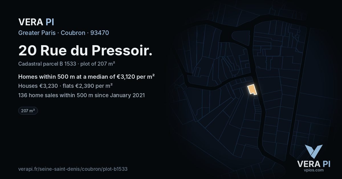 20 Rue du Pressoir, Coubron at night – the plot lit, the parcels around coloured by the prices near them