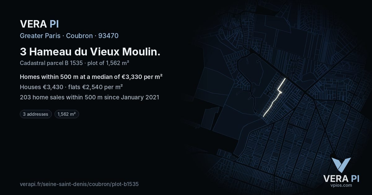 3 Hameau du Vieux Moulin, Coubron at night – the plot lit, the parcels around coloured by the prices near them