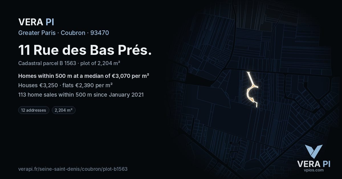 11 Rue des Bas Prés, Coubron at night – the plot lit, the parcels around coloured by the prices near them