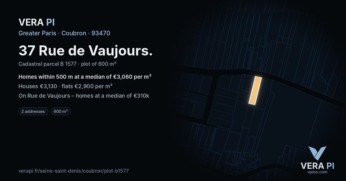 37 Rue de Vaujours, Coubron at night – the plot lit, the parcels around coloured by the prices near them