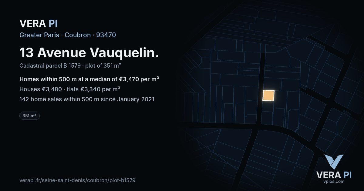 13 Avenue Vauquelin, Coubron at night – the plot lit, the parcels around coloured by the prices near them