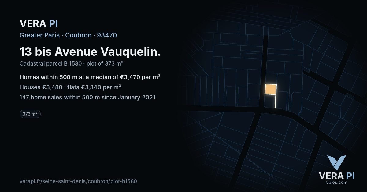 13 bis Avenue Vauquelin, Coubron at night – the plot lit, the parcels around coloured by the prices near them