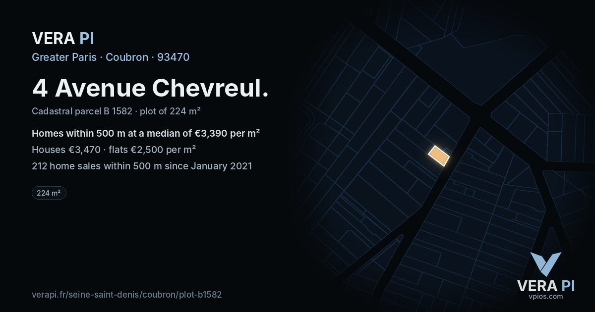 4 Avenue Chevreul, Coubron at night – the plot lit, the parcels around coloured by the prices near them