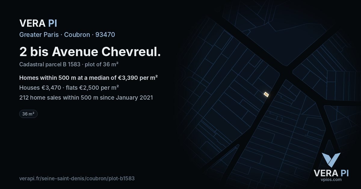 2 bis Avenue Chevreul, Coubron at night – the plot lit, the parcels around coloured by the prices near them