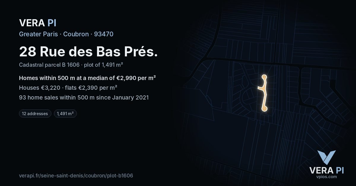 28 Rue des Bas Prés, Coubron at night – the plot lit, the parcels around coloured by the prices near them