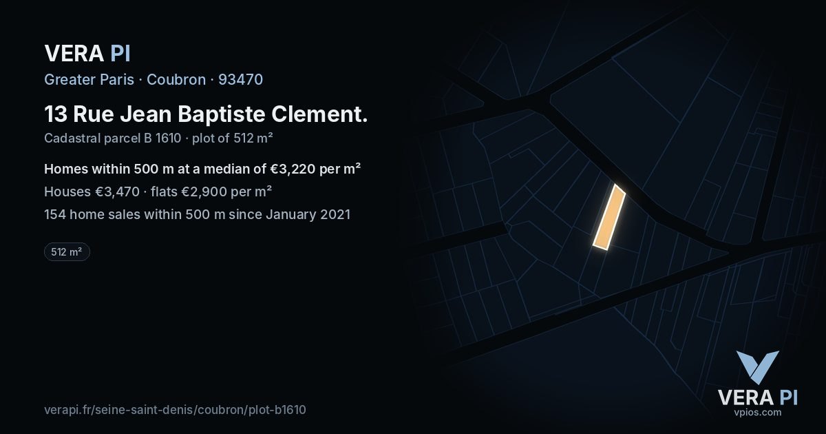 13 Rue Jean Baptiste Clement, Coubron at night – the plot lit, the parcels around coloured by the prices near them