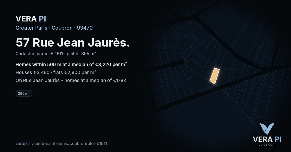 57 Rue Jean Jaurès, Coubron at night – the plot lit, the parcels around coloured by the prices near them