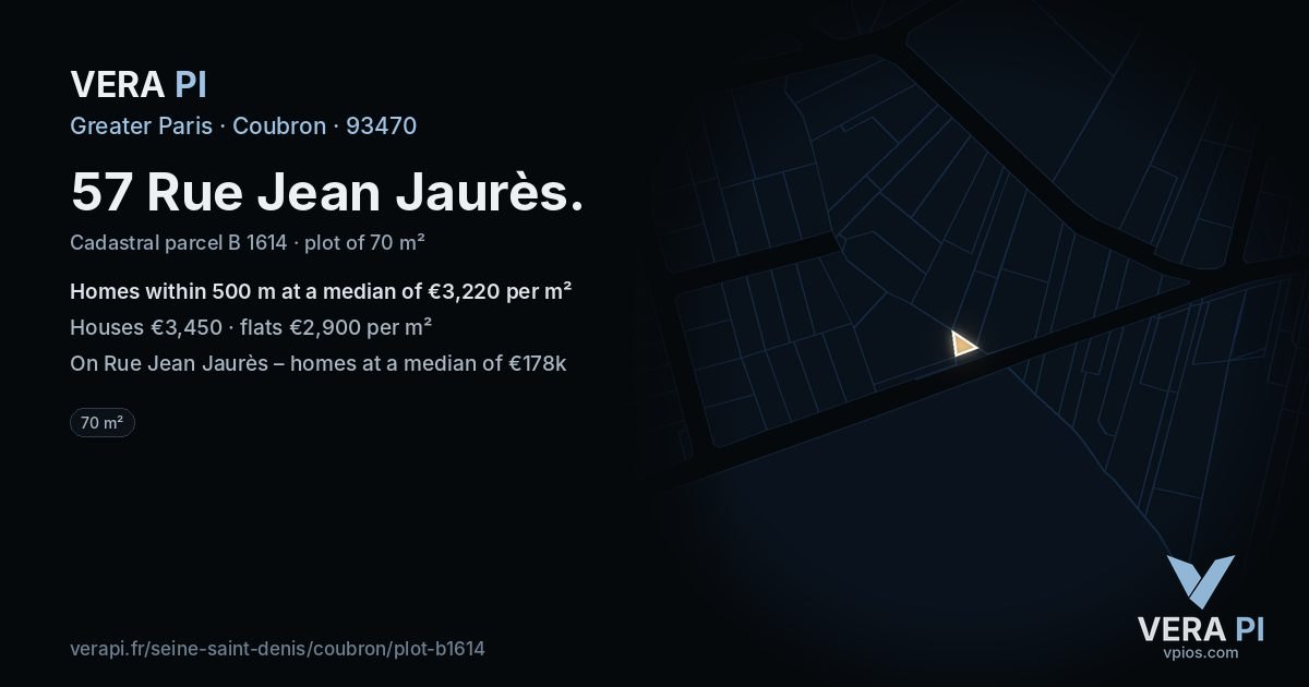 57 Rue Jean Jaurès, Coubron at night – the plot lit, the parcels around coloured by the prices near them