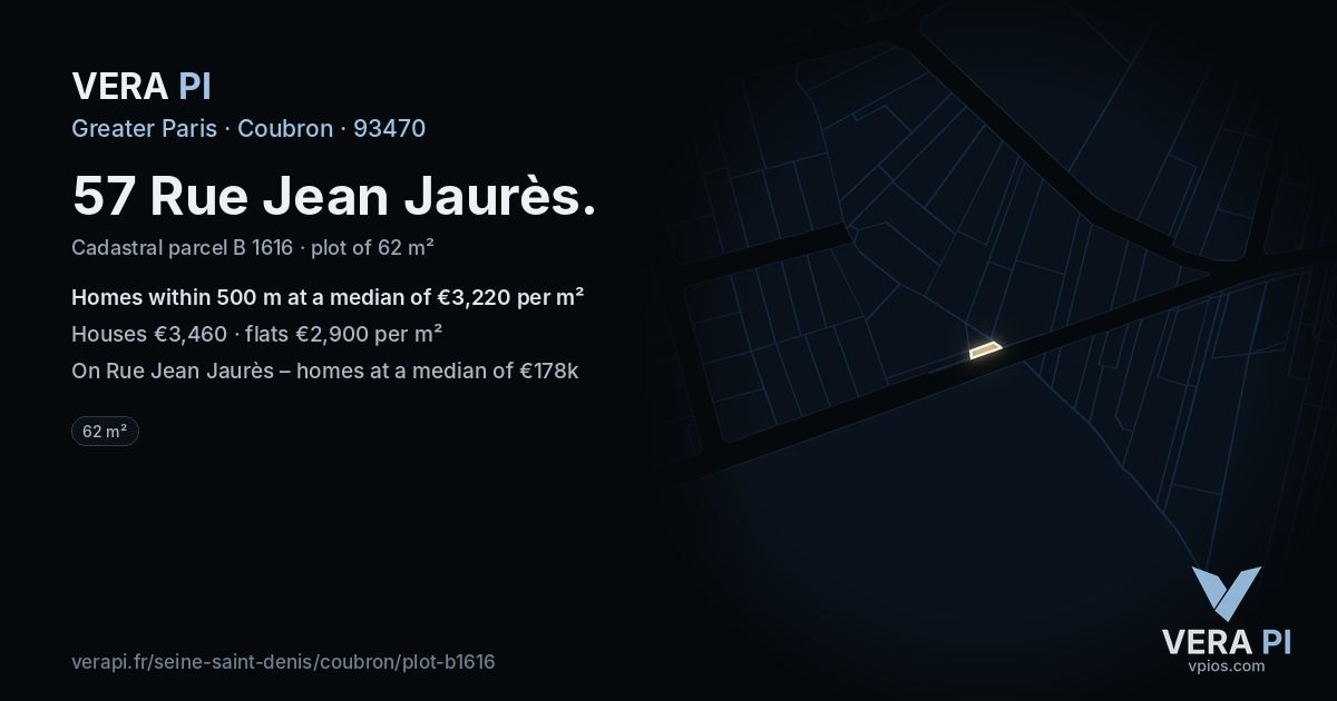 57 Rue Jean Jaurès, Coubron at night – the plot lit, the parcels around coloured by the prices near them