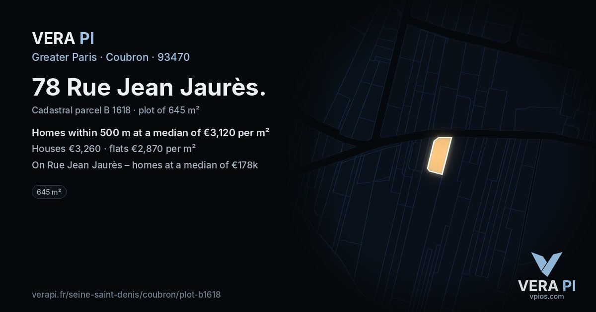 78 Rue Jean Jaurès, Coubron at night – the plot lit, the parcels around coloured by the prices near them