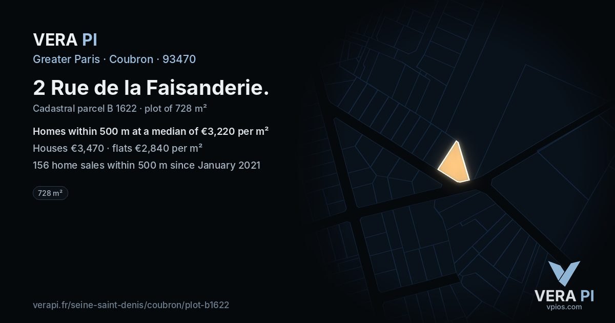 2 Rue de la Faisanderie, Coubron at night – the plot lit, the parcels around coloured by the prices near them