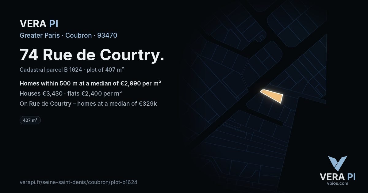 74 Rue de Courtry, Coubron at night – the plot lit, the parcels around coloured by the prices near them