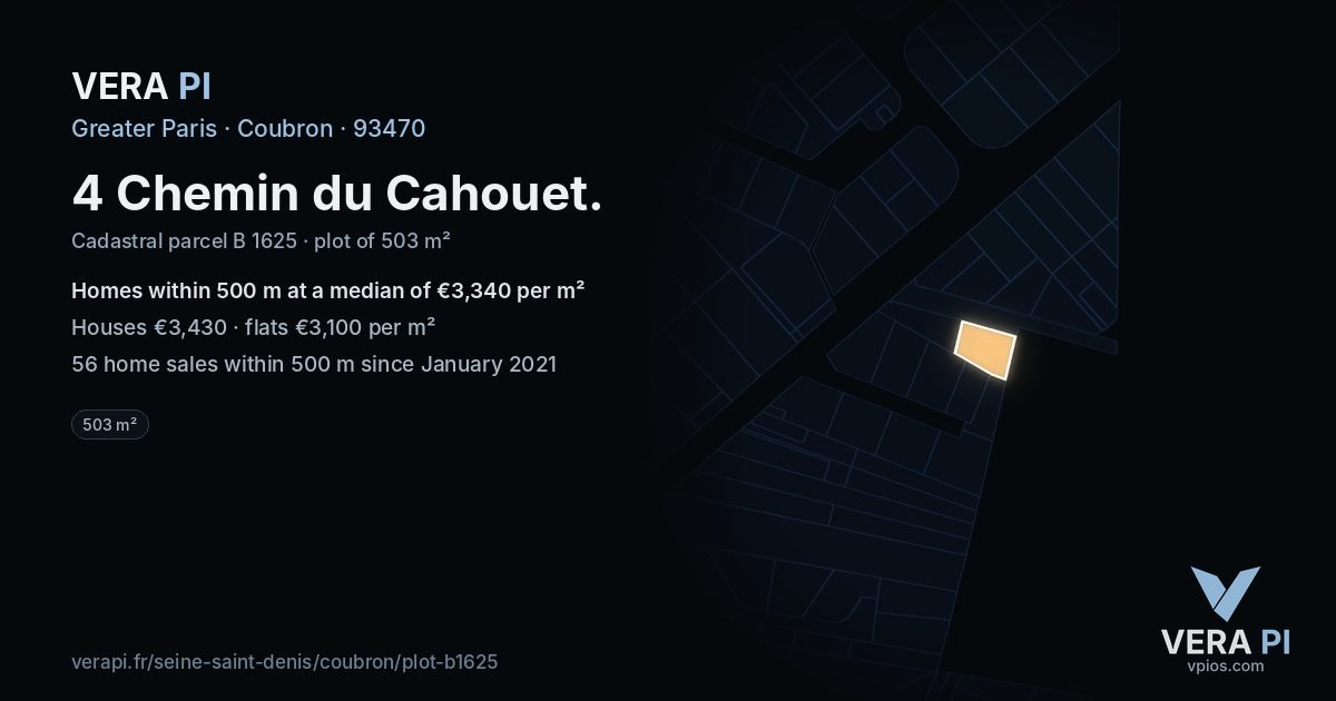 4 Chemin du Cahouet, Coubron at night – the plot lit, the parcels around coloured by the prices near them