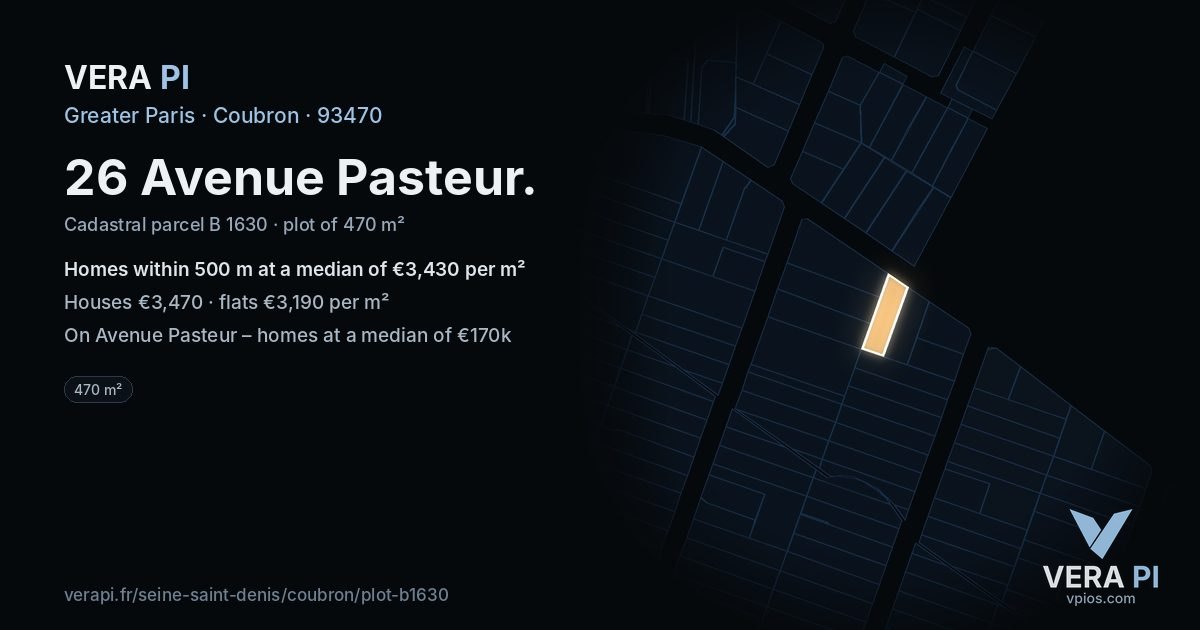 26 Avenue Pasteur, Coubron at night – the plot lit, the parcels around coloured by the prices near them