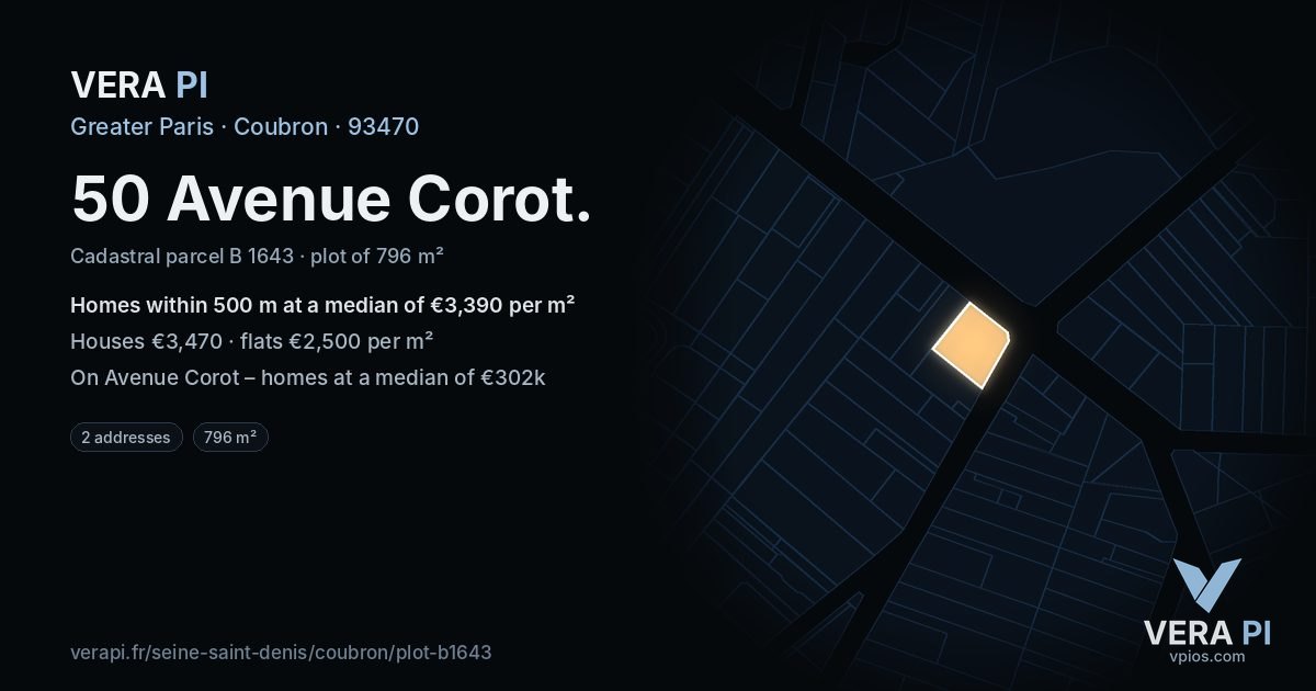 50 Avenue Corot, Coubron at night – the plot lit, the parcels around coloured by the prices near them
