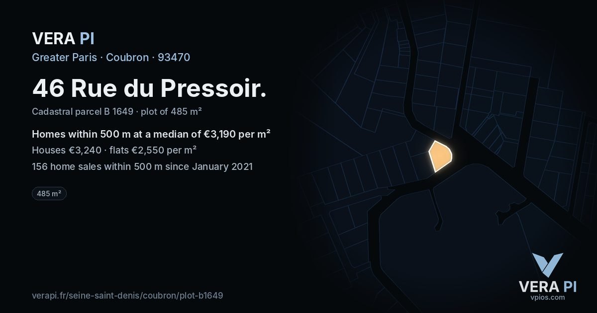 46 Rue du Pressoir, Coubron at night – the plot lit, the parcels around coloured by the prices near them